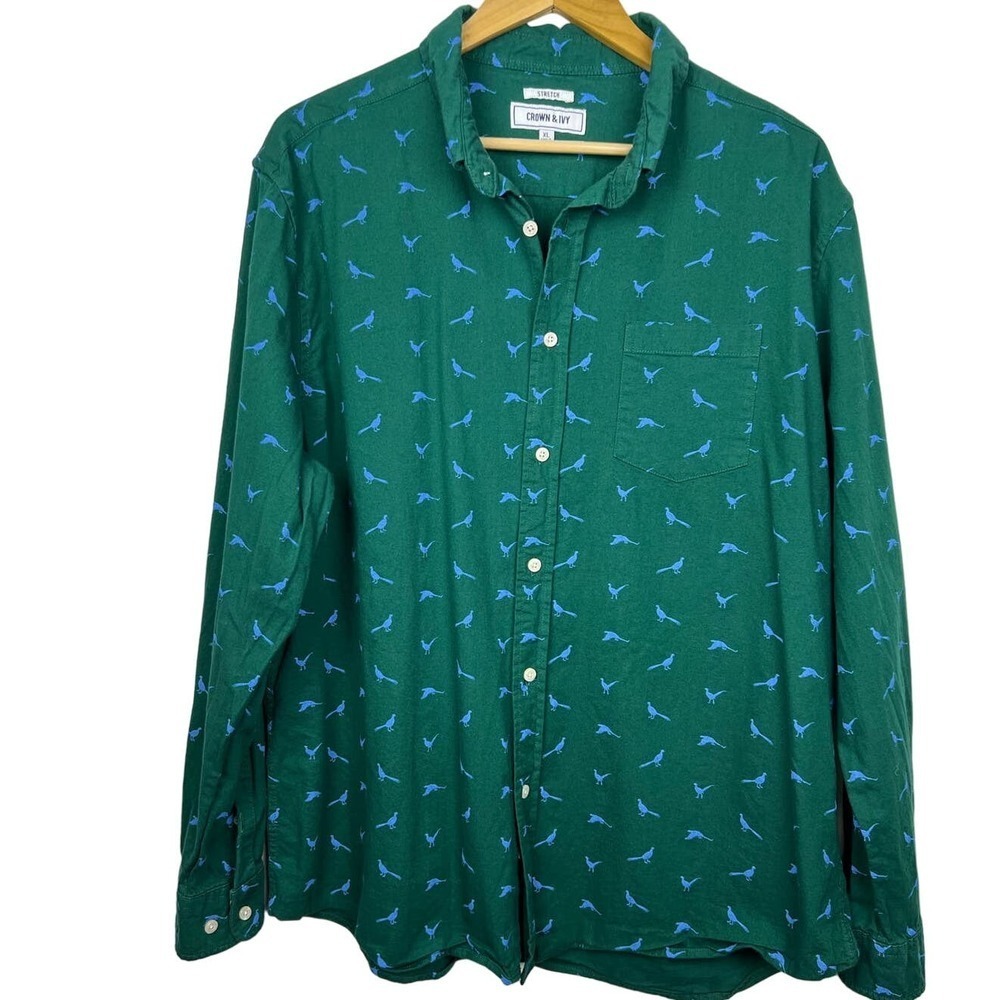 Crown & Ivy Birds Green Shirt Men's Large Button Up Regular Fit Long Sleeve XL